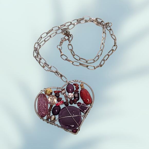 VTG Necklace Mosaic Beads & Stones In Large Heart-Shaped Pendant - Picture 5 of 6